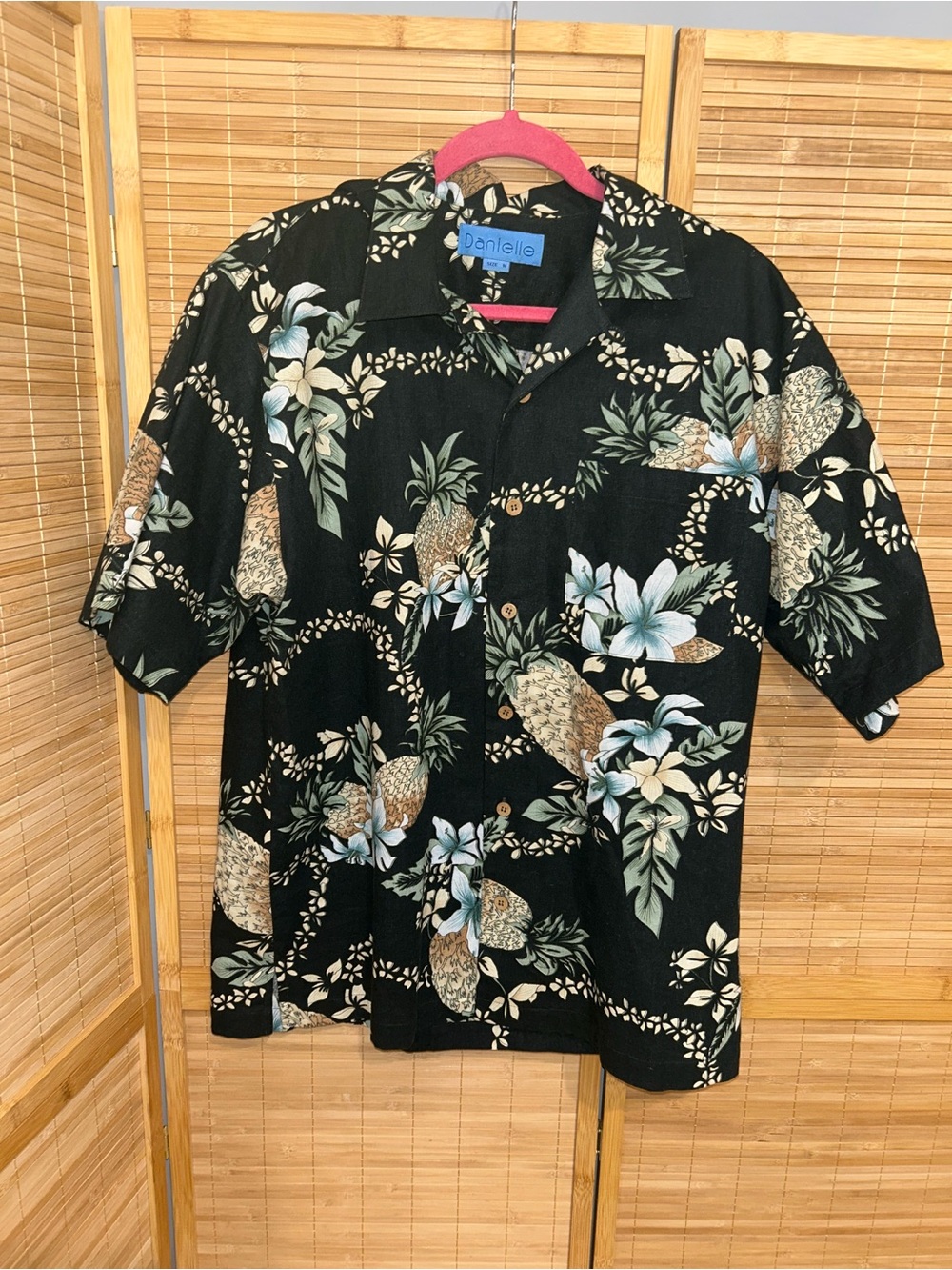 Danielle Men's Linen Blend Green Hawaiian Island Aloha Button Front Shirt EUC M